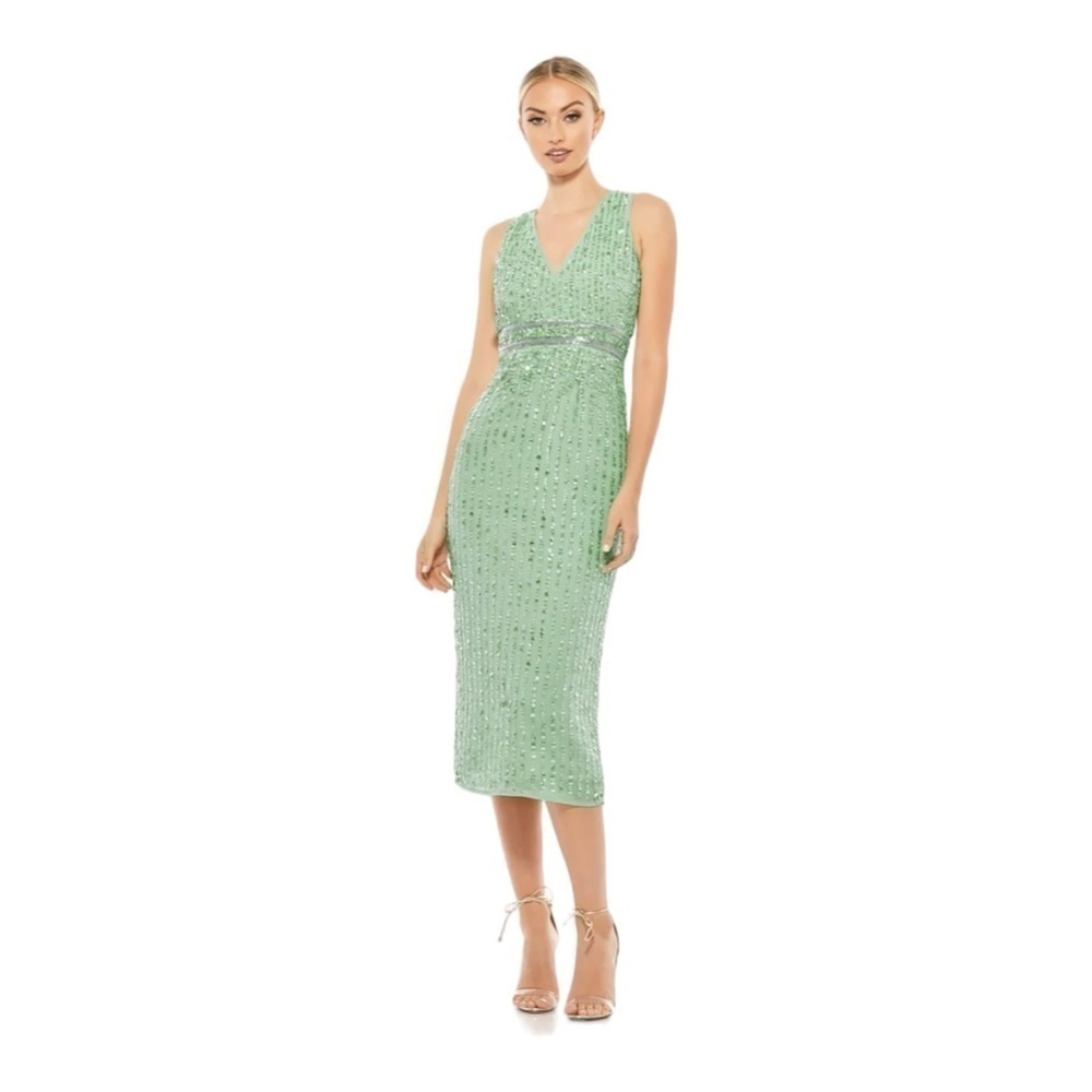 Mac Duggal Sequined Sleeveless V Neck Midi Sheath Dress in Sage Size 14 NWT
